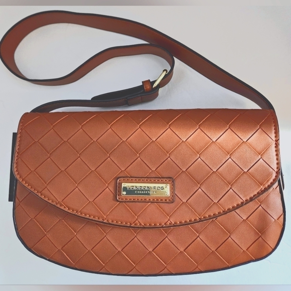 London Fog Women's LEATHER Woven Tan Crossbody Bag